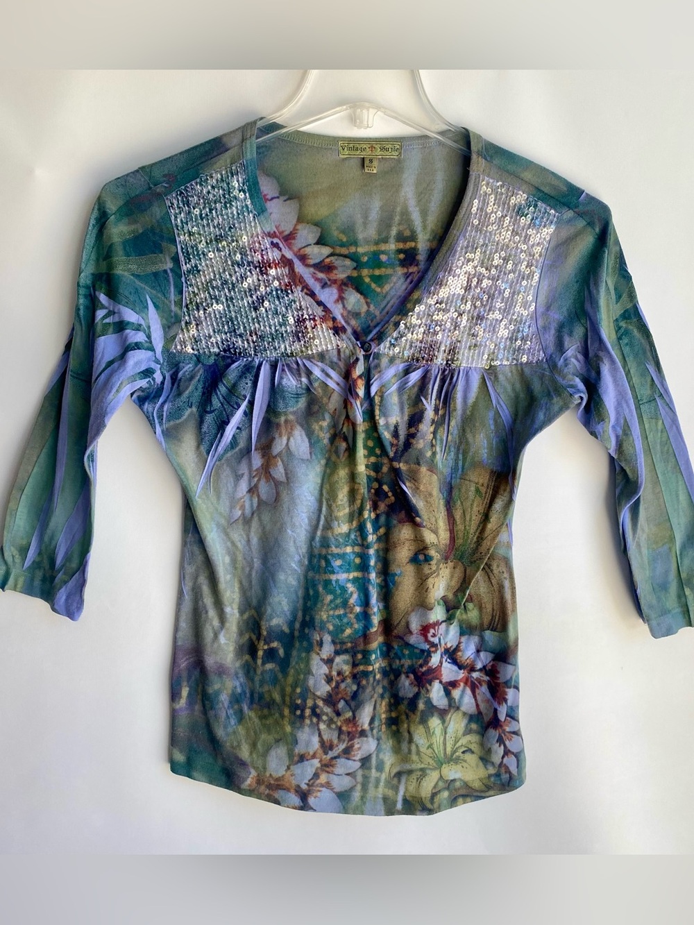 Vintage Suzie 3/4 sleeve v-neck Y2K floral garden Fairycore print sequin shirt